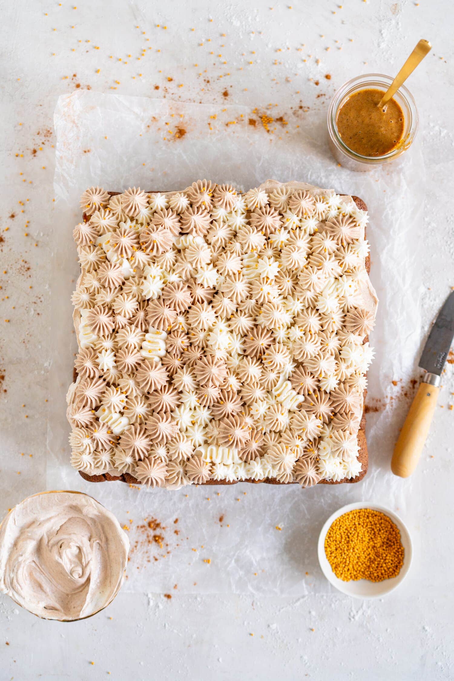 Apple Snack Cake with Ombre Walnut Praline Swiss Meringue Buttercream