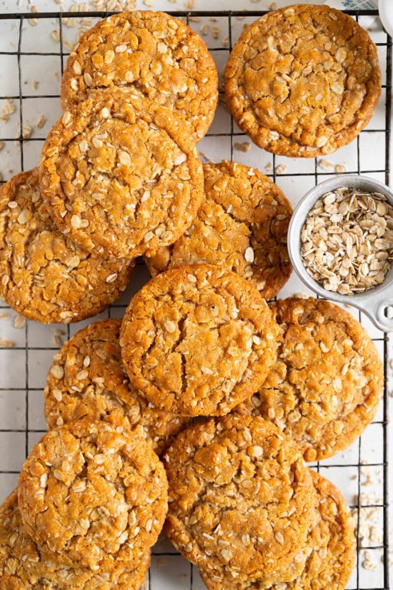 Brown butter anzac biscuits on rack