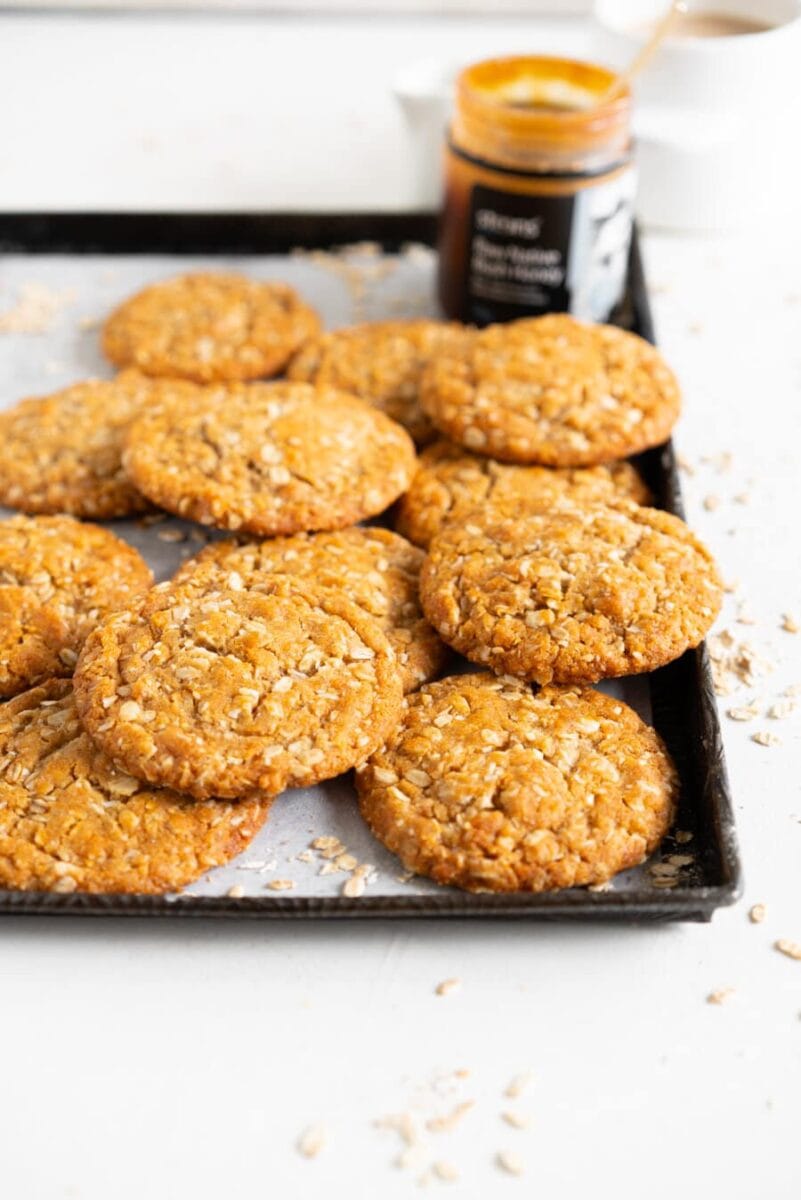 Side on shot of brown butter anzac biscuits