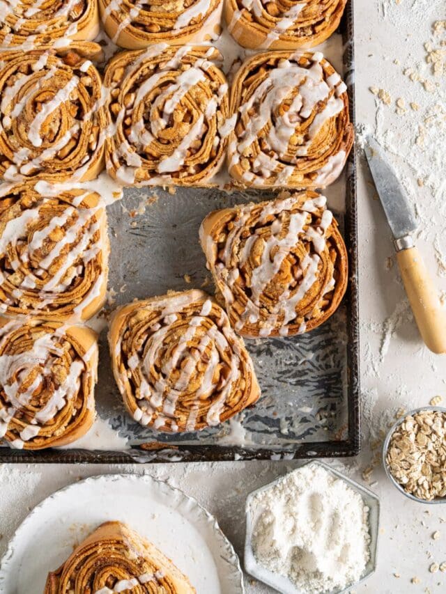 Laminated Brioche Cinnamon Buns with Spiced Apple and Oaty Streusel