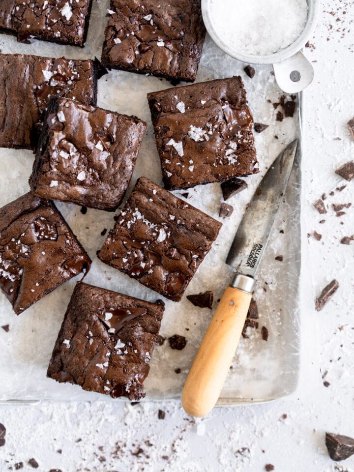 stacked up brownies on tray