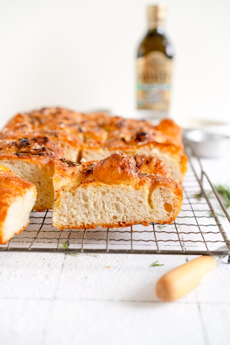 side shot cut no knead focaccia