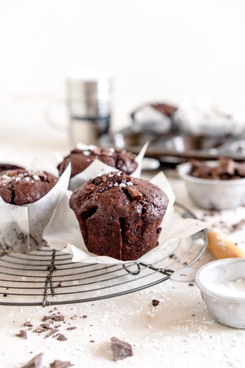chocolate muffin on rack