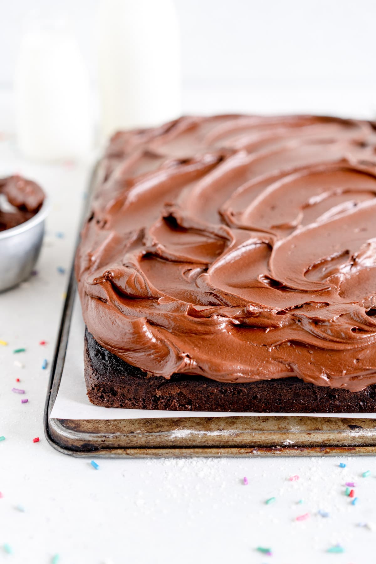 Devil's Food Sheet Cake with Chocolate Frosting - Cloudy Kitchen 4 side shot chocolate cake