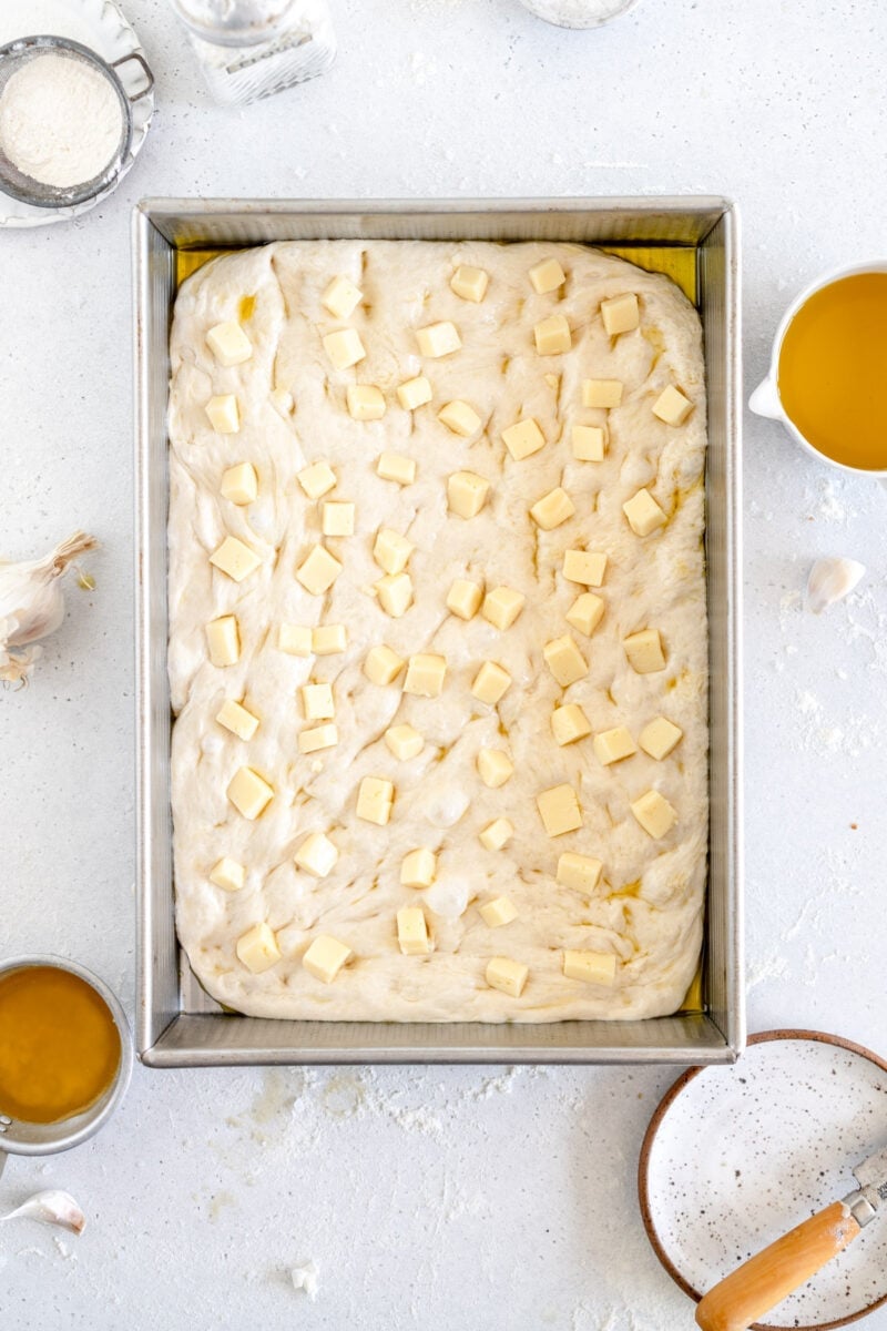 cheese chunks on dough