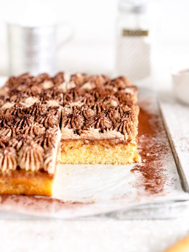 side cut shot of tiramisu sheet cake