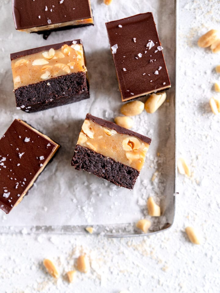 top down shot of brownie caramel slice