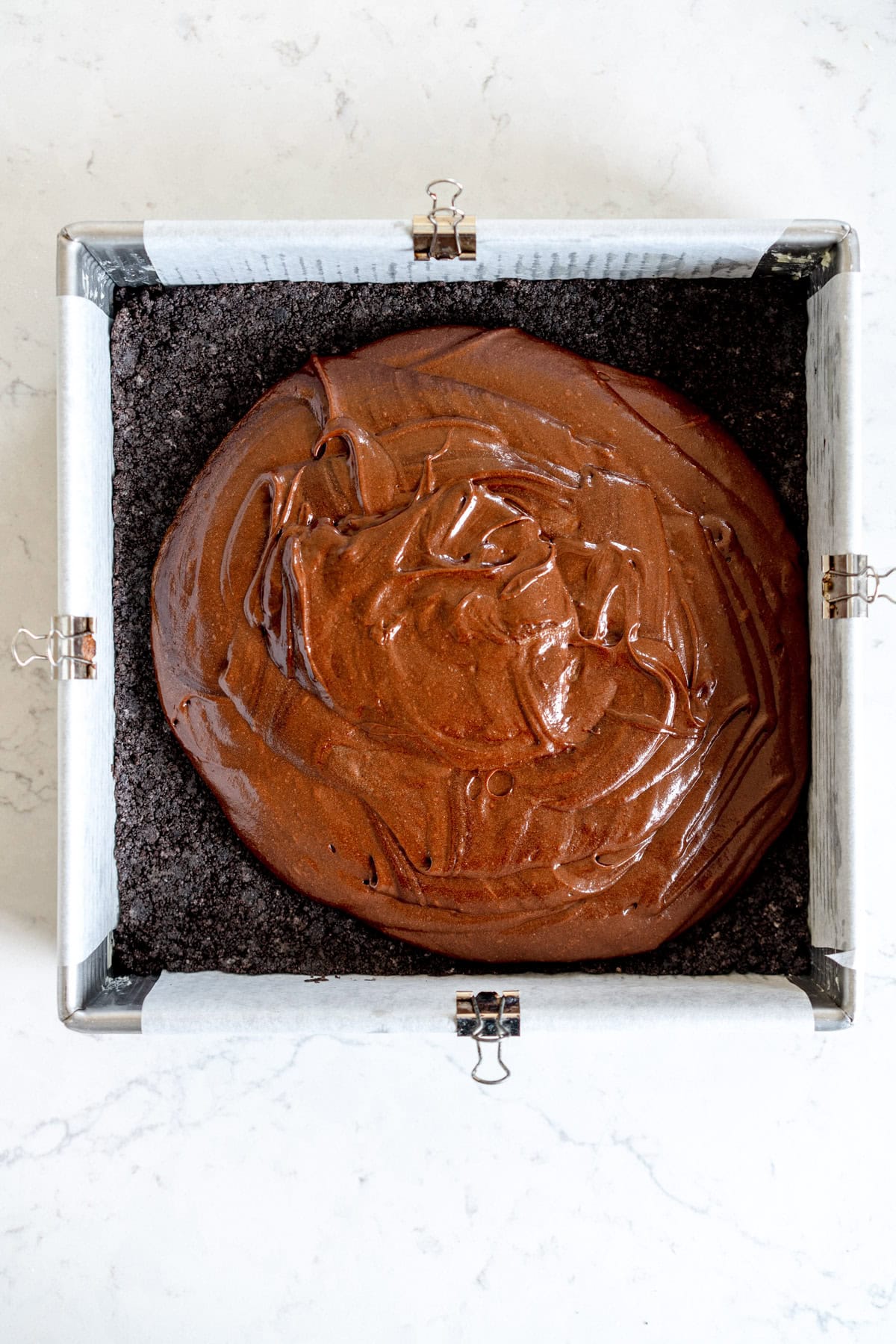 brownie batter added to oreo crust