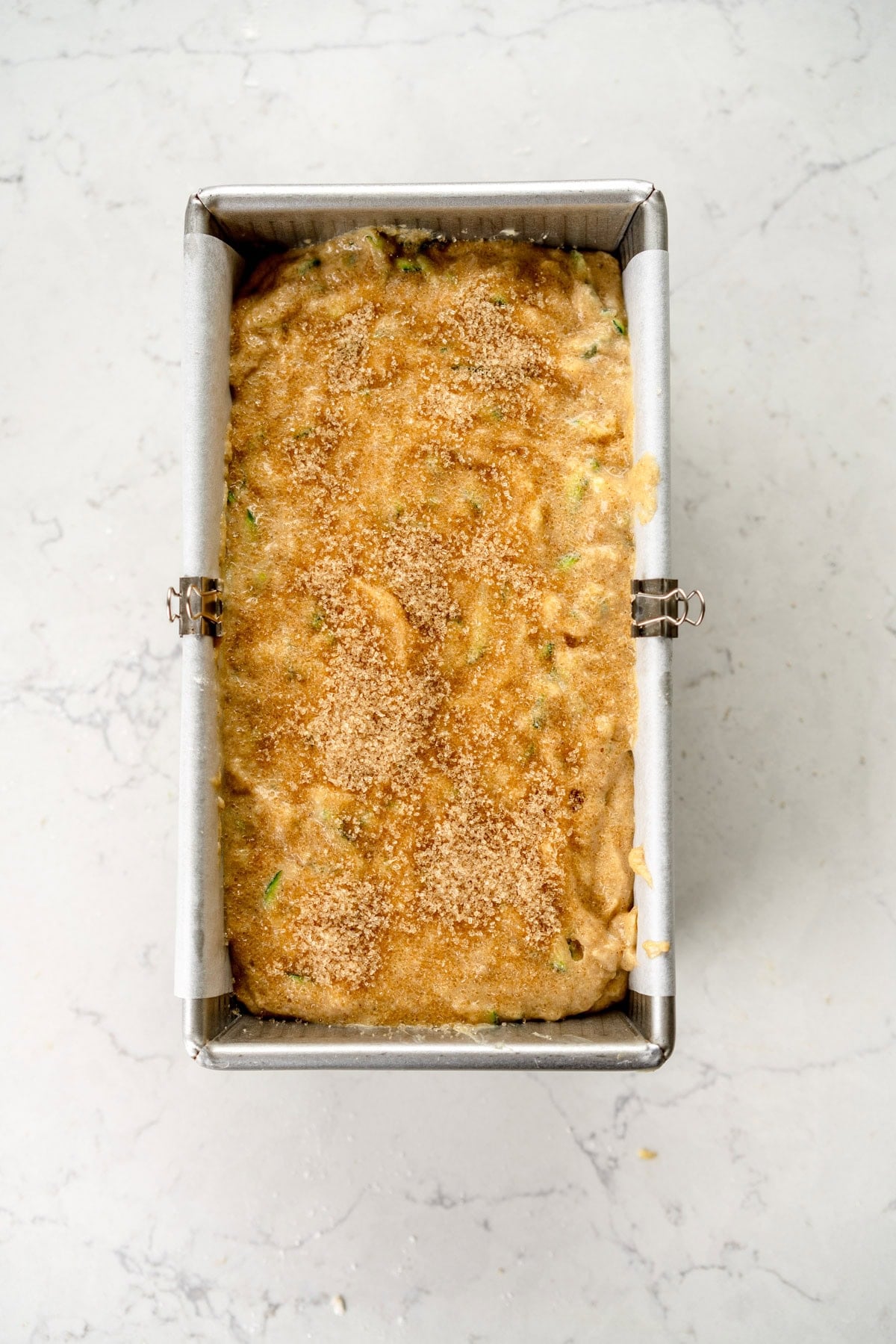zucchini bread batter in pan