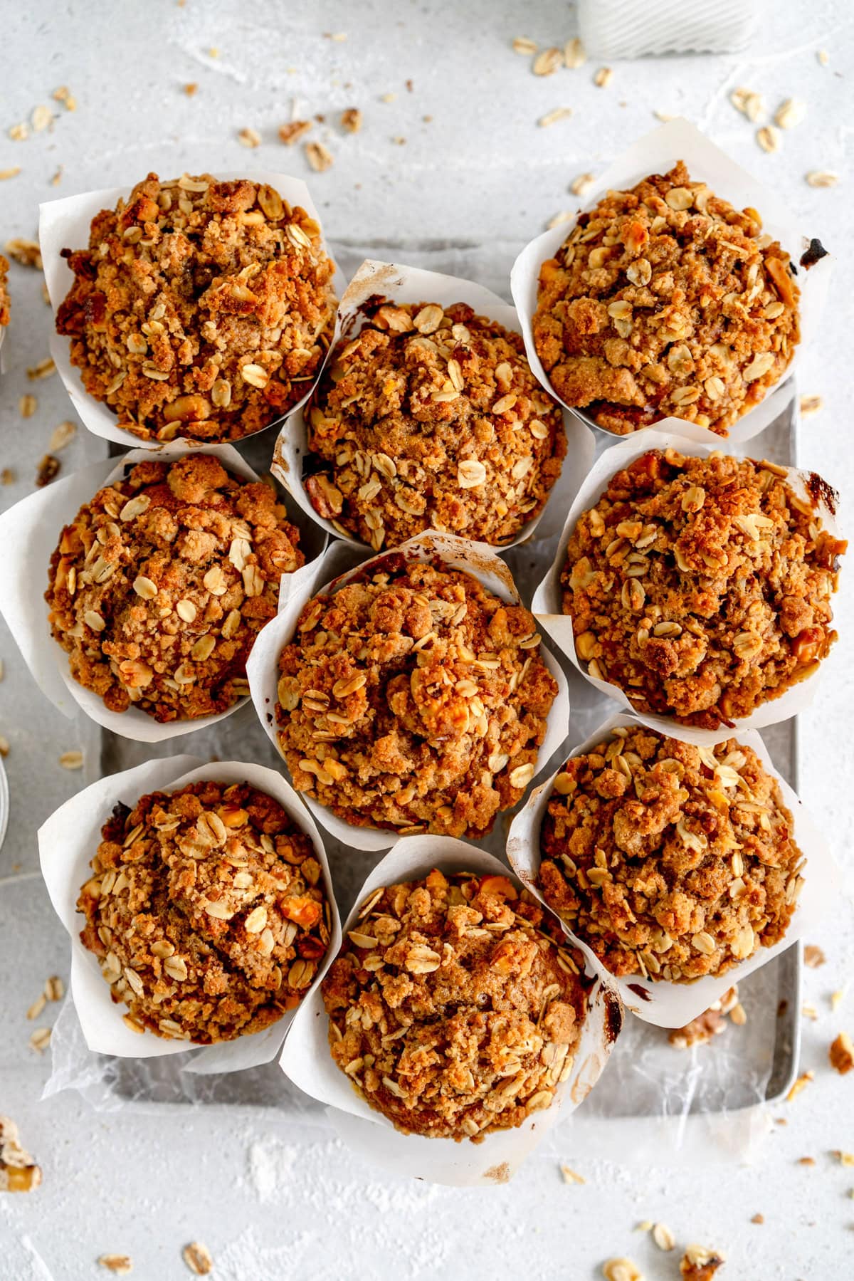 top down shot of banana muffins on a tray