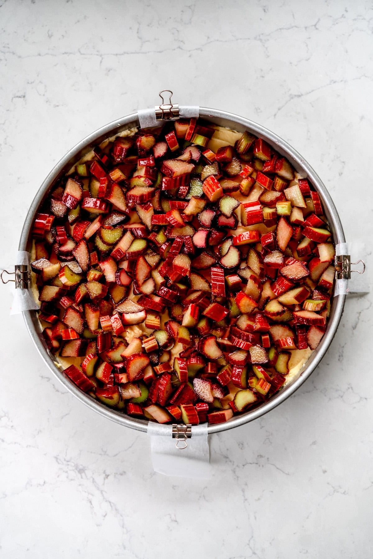 cake topped with rhubarb