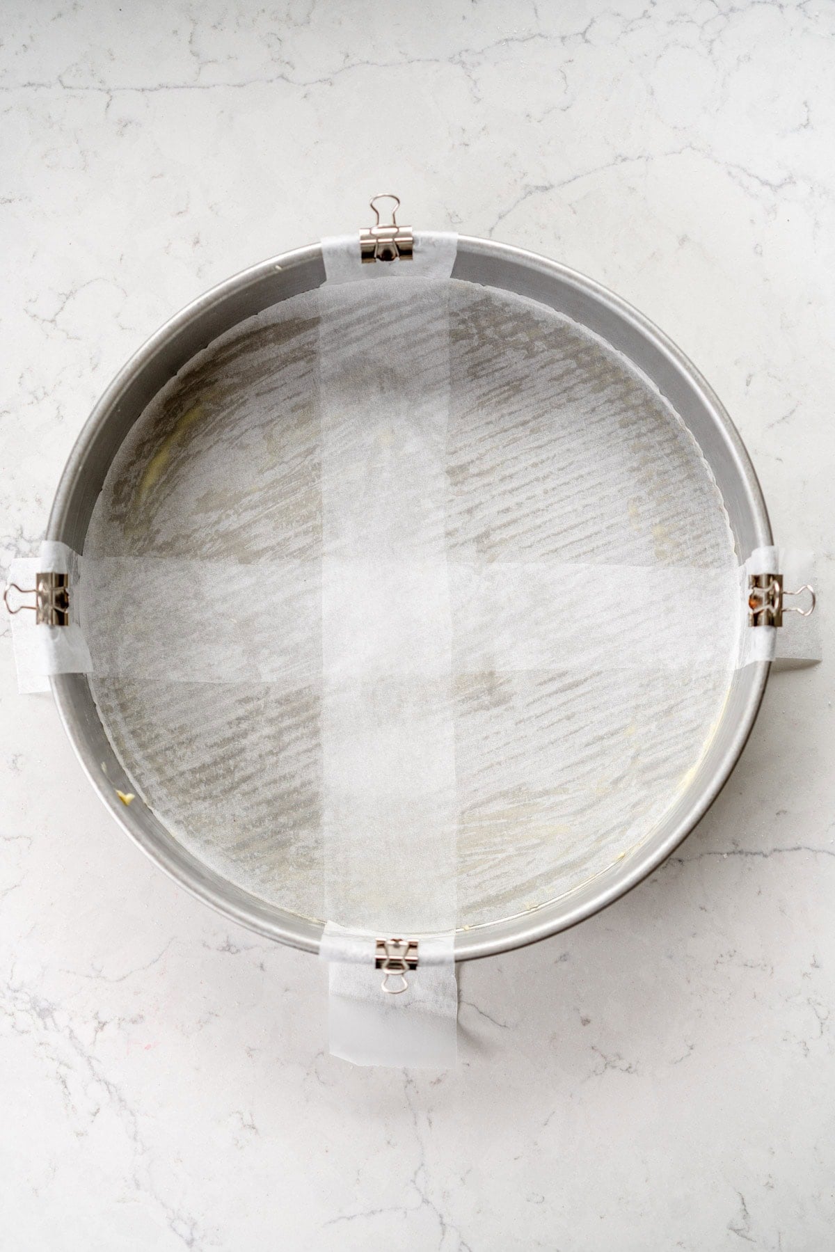 pan lined for rhubarb cake