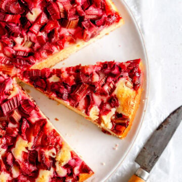 slice of rhubarb cake on a plate
