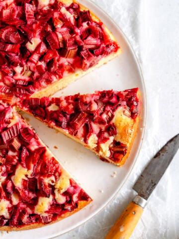 slice of rhubarb cake on a plate