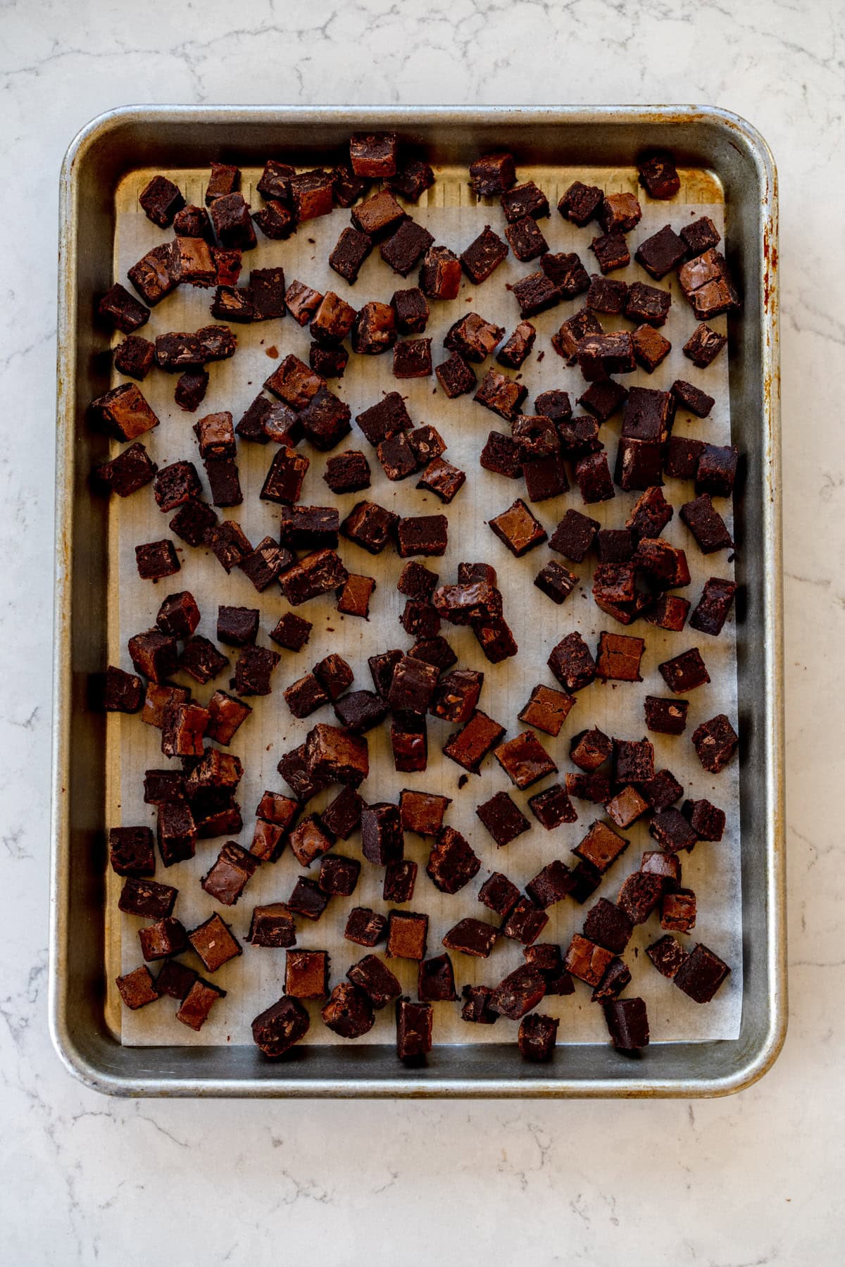 chopped brownies on sheet pan