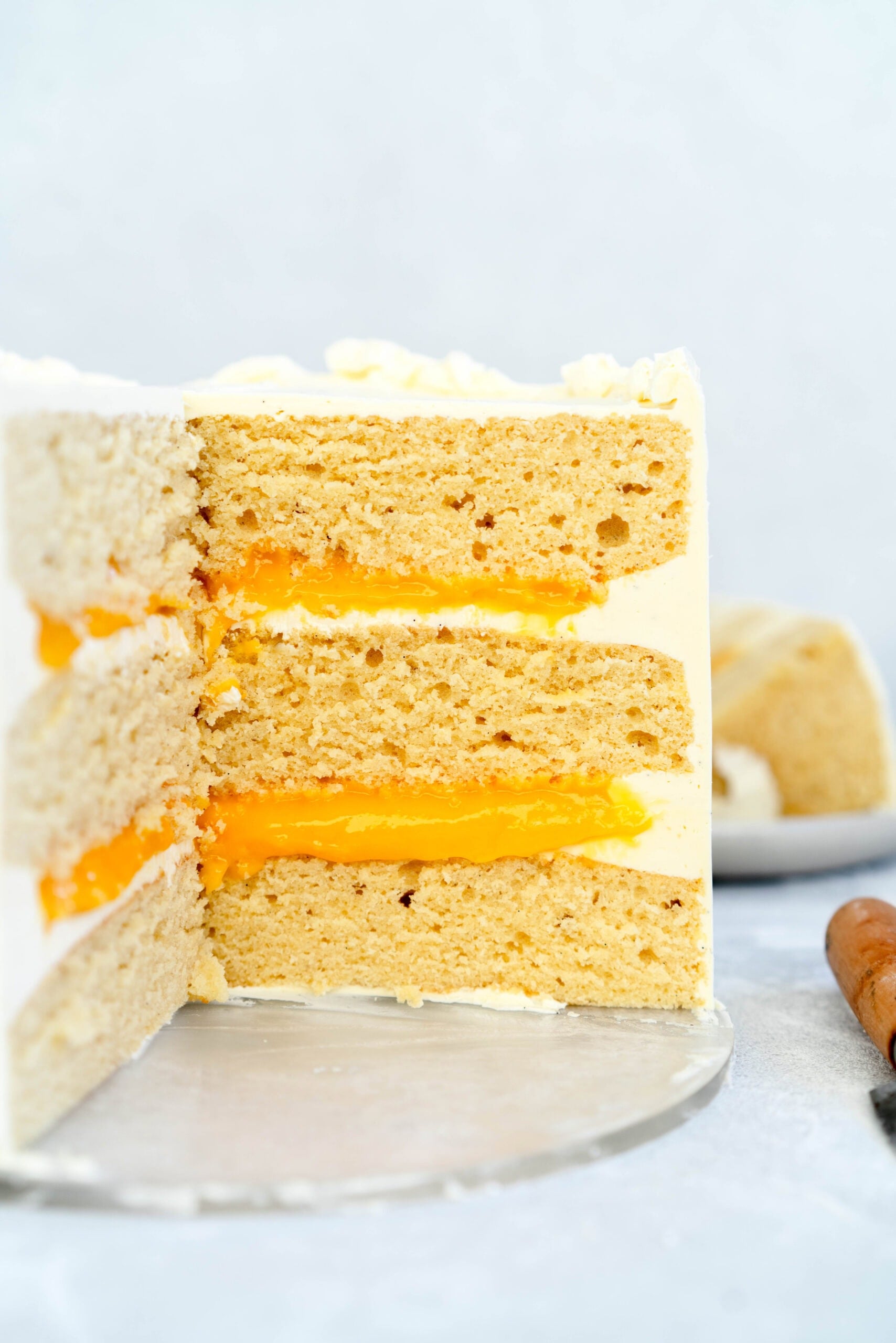 side on shot of filled vanilla cake
