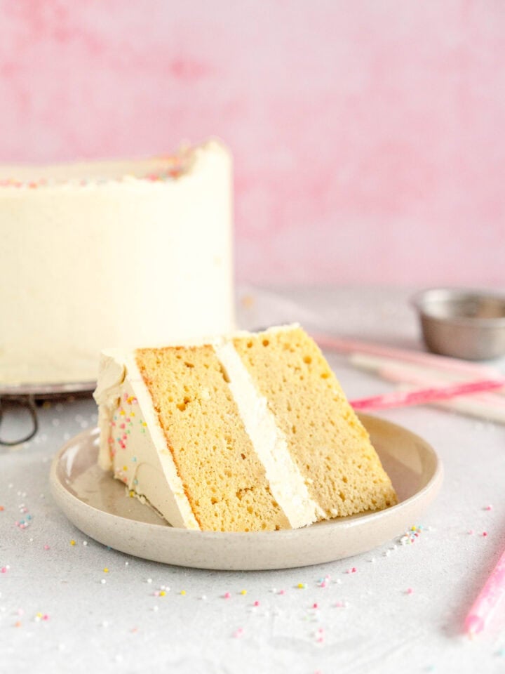 side shot of vanilla cake on a plate