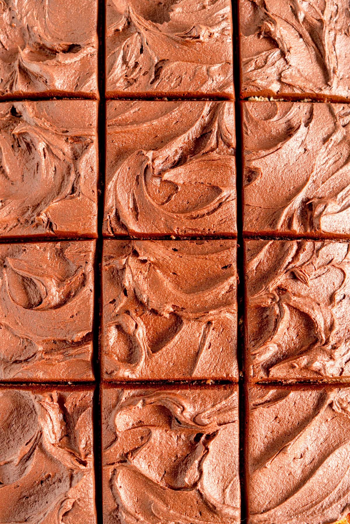 swirled chocolate frosting on cake