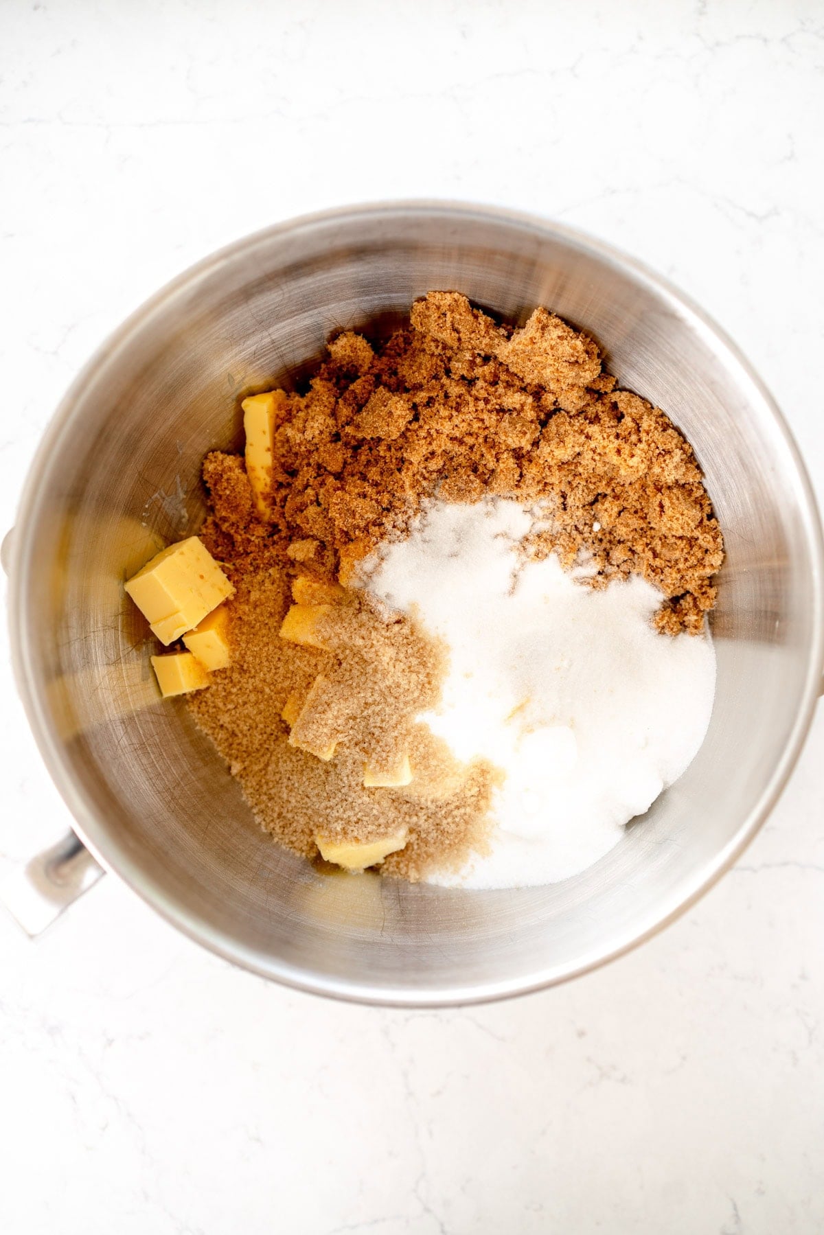 butter and sugars in mixing bowl